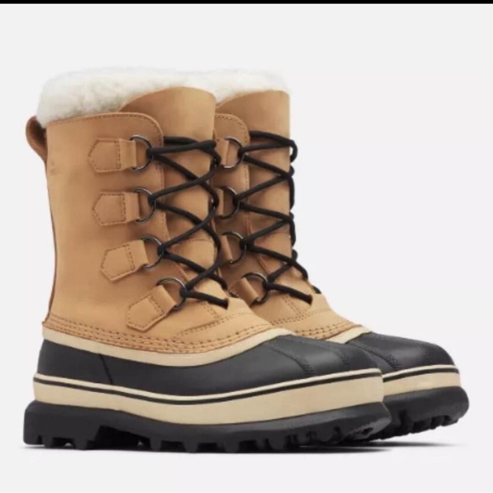 SOREL Caribou Women's Buff Tan Black Fleece Trimmed Nubuck Winter Boots Snow 8